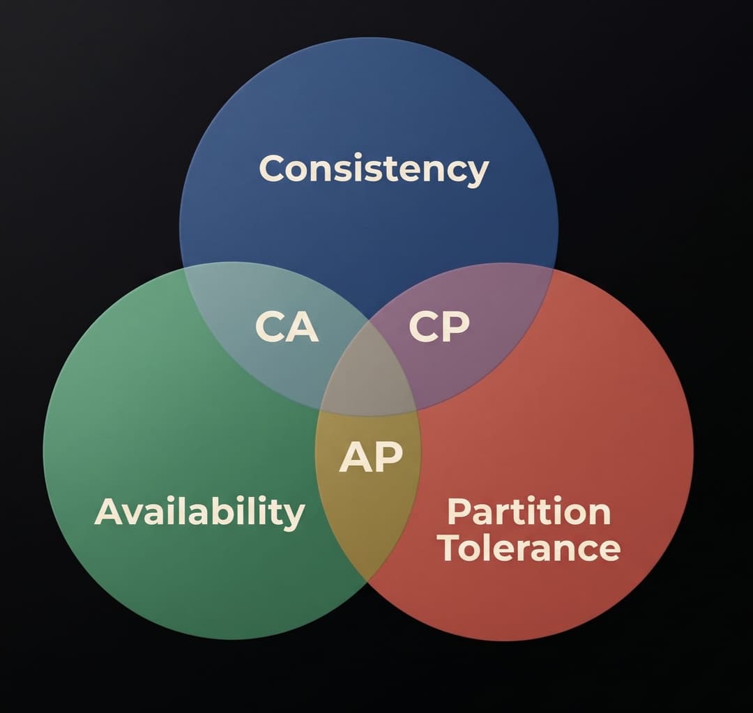 CAP theorem diagram showing Consistency, Availability, and Partition Tolerance with CA, CP, and AP overlaps